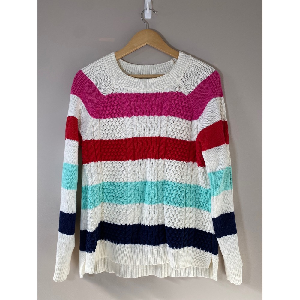 Crown & Ivy Womens Large Striped Cable Knit Sweater Multi Color Crew Neck Cotton